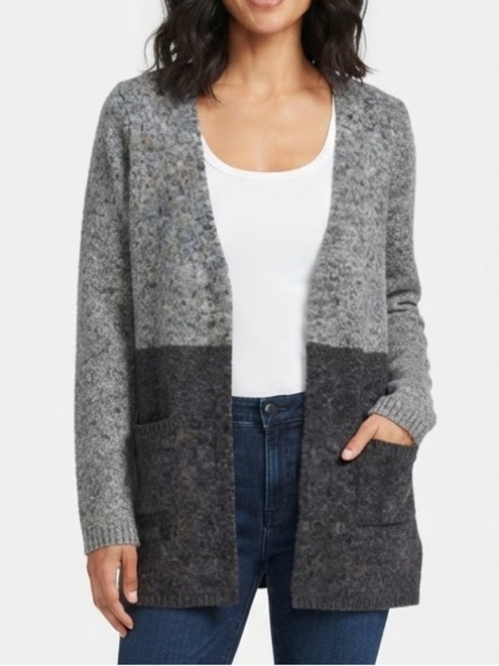 Max Studio Gray Alpaca Wool Colorblock Open Front Cardigan Sweater L